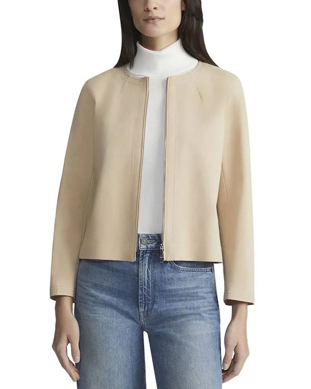 Lafayette 148 New York Griffith Stretch Cotton Zip Jacket Beige Size L